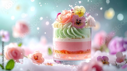 母の日　パステルカラーのエディブルフラワーのパフェ