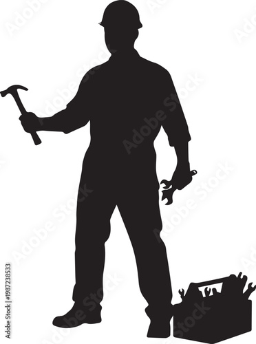 Full Body Silhouette of a Professional Repairman Holding Hammer and Wrench with Toolbox