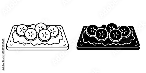 Banana toast with sliced bananas on bread, healthy snack, delicious fruit topping on breakfast item, wholesome food concept, sweet treat illustration.