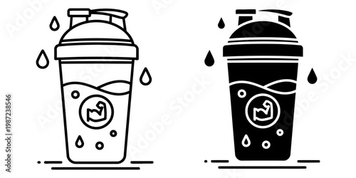 Shaker with protein drink icon, fitness beverage, gym workout supplement, liquid in bottle with muscle symbol, healthy lifestyle, sports nutrition.