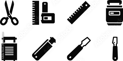 tools and equipment silhouette vector set featuring scissors ruler measuring tape toolbox gas cylinder lighter chisel and scraper icons isolated on white background