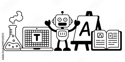 A black and white line art illustration representing various academic subjects and technology. Vector, illustration