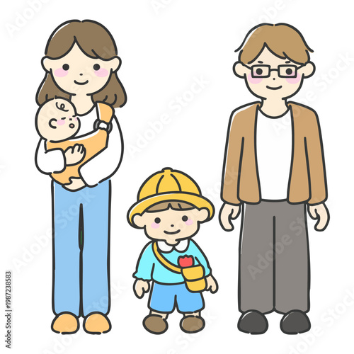 子供ふたりの家族のイラスト|赤ちゃんを抱っこした女性と幼稚園児、父親のイラスト