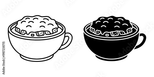 Cup of mashed potatoes or similar food in a mug, shown in line drawing and solid fill, useful for comfort food icons, cafe menus, and food blog illustrations for cozy meals.