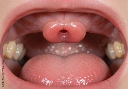 Closeup view of a persons mouth with a uvula and tongue visible, showing teeth and gums