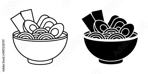 Ramen bowl icon set with eggs seaweed and bamboo shoots in linear and solid styles for traditional japanese restaurant branding and asian noodle soup recipe illustration projects or food delivery.