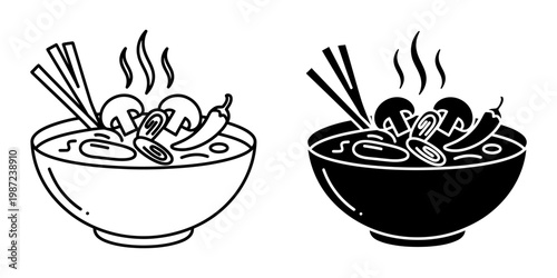 Thai tom yum soup, traditional asian spicy hot and sour broth with mushrooms and chili peppers, chopsticks, black and white line art vector illustration for menu.