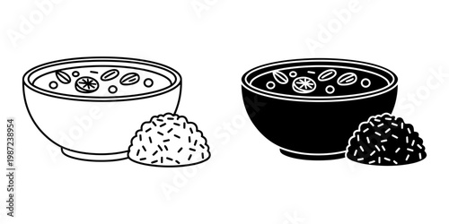 Mexican chili con carne icon, traditional hearty bean stew with ground meat and spices, served with rice, black and white line art vector illustration for menu.