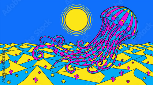 Giant Patterned Jellyfish Floating Over Desert Sand Dunes Pop Surrealism Flat Illustration with Bold Outlines