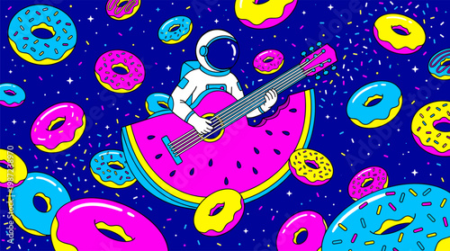 Whimsical Astronaut Playing Watermelon Guitar Among Floating Donuts Pop Surrealism Flat Illustration With Bold Outlines