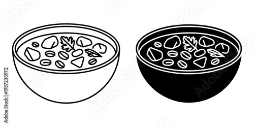 Hearty bean stew icon, traditional comfort food with vegetables and herbs, served in bowl, black and white line art vector illustration for restaurant menu design.