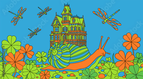Victorian Mansion On Giant Snail Shell Walking Through Clover Field Pop Surrealism Flat Illustration With Bold Outlines