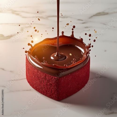 High-Speed Macro of Molten Dark Chocolate Pouring over Red Velvet Cake with Splashes.
