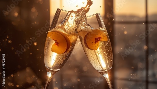 Close-up of Two Champagne Glasses Toasting with Fruit Slices and Splash at Sunset.
