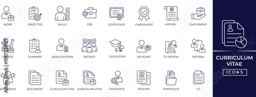 Curiculum Vitae editable line icon set. Employee resume, contact, document, summary, contact, skills, portfolio and more. Solid icon collection.