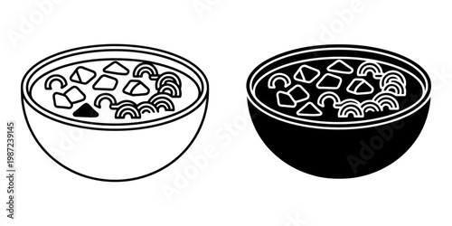 Japanese ramen soup bowl vector outline icon with noodles and meat pieces isolated on white background for menu design or restaurant website promotion and food blog content for asian cuisine theme.