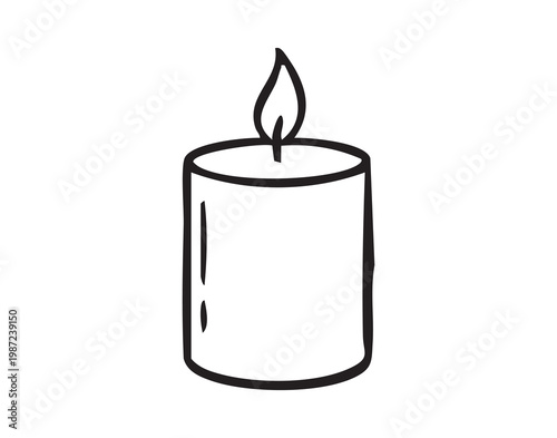 Simple candle icon. Black and white flame symbol. Basic monochrome drawing depicting candle with lit flame. Stylized outline of single candle with flickering flame for branding purposes
