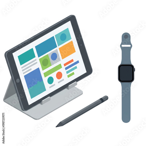 Isometric vector illustration of a tablet on a stand with a colorful dashboard interface, accompanied by a digital stylus and a smartwatch on a white background.