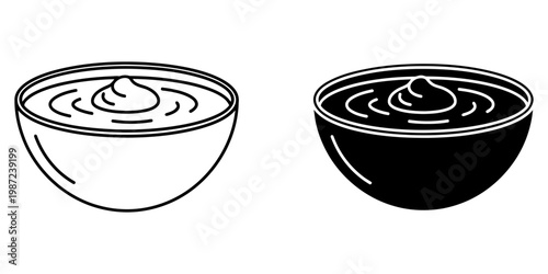 Yogurt bowl vector icon showing smooth texture for dairy product packaging design or breakfast menu illustration isolated on white background featuring black and white linear and solid versions.