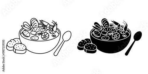 Seafood soup bowl vector illustration with shrimp mussels and bread for mediterranean cuisine menu and restaurant website design isolated on white background featuring linear and solid versions.