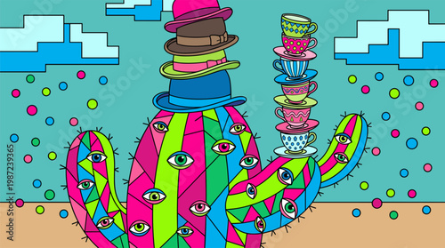 Multi Eyed Desert Cactus Wearing Bowler Hats and Balancing Teacups Pop Surrealism Flat Illustration with Bold Outlines