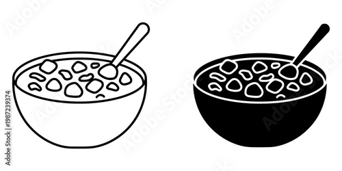 Cereal bowl with spoon and healthy grains vector line and silhouette icons for morning meal concepts healthy breakfast branding and organic food packaging design elements isolated on white back.