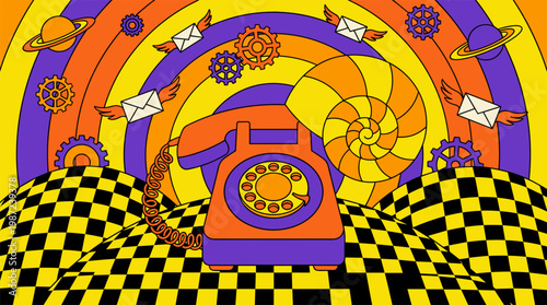Vintage Rotary Telephone with Snail Shell Receiver on Checkerboard Hills Pop Surrealism Flat Illustration with Bold Outlines
