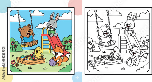 Happy Animal Friends Playing at the Playground - Bear, Bunny, Chick, and Fox Fun