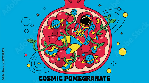 Astronaut Floating Inside Giant Pomegranate With Planet Seeds Pop Surrealism Flat Illustration With Bold Outlines