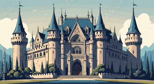 Large and majestic fairytale castle with multiple towers, blue roofs, and flags set against a landscape of mountains and clouds.