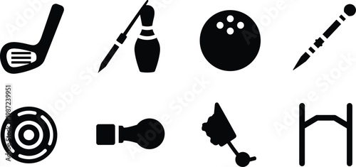 Bowling and sports equipment silhouette vector set with bowling ball pins dartboard darts and golf club icons isolated on white background