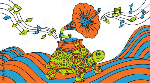 Vintage Gramophone Hibiscus and Mechanical Turtle Forest, Pop Surrealism Flat Illustration with Bold Outlines