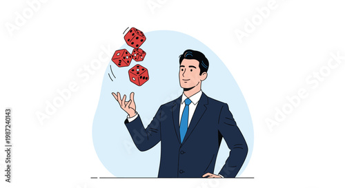 Confident businessman in a blue suit juggling four red dice in the air suggesting risk taking and chance in business decisions.
