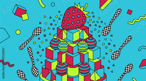 Geometric Multi Tiered Cake with Giant Strawberry Pop Surrealism Flat Illustration with Bold Outlines