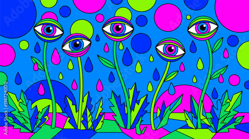 Surreal Garden Landscape With Giant Eye Flowers Pop Surrealism Flat Illustration With Bold Outlines