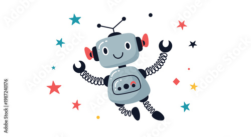 Adorable small grey robot character happily jumping or floating among colorful stars and geometric shapes on a white background.