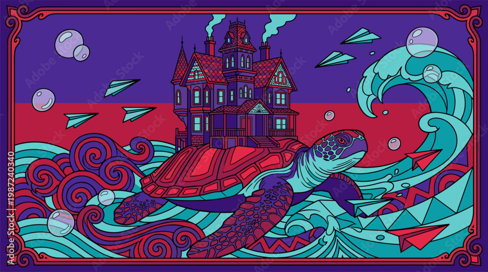 Naklejka premium Whimsical Victorian House On Giant Turtle Shell Pop Surrealism Flat Illustration With Bold Outlines