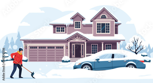 Man wearing a red jacket and hat shoveling deep snow from his driveway in front of a suburban house during a cold winter day.