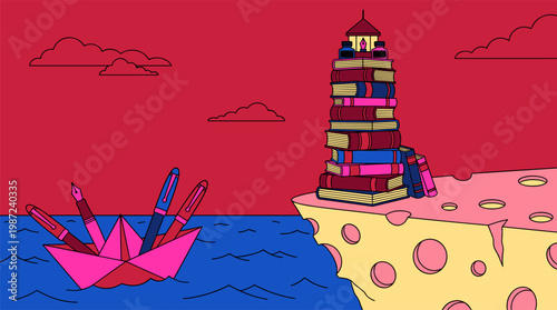 Book Lighthouse On Cheese Cliff With Paper Boat Pop Surrealism Flat Illustration With Bold Outlines