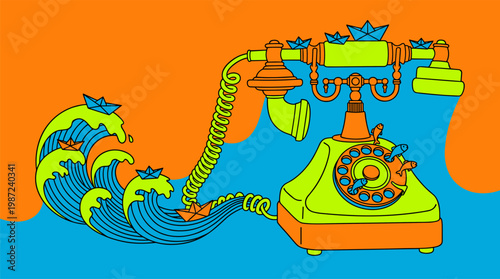 Retro Rotary Telephone with Ocean Wave Cord and Paper Boats Pop Surrealism Flat Illustration with Bold Outlines