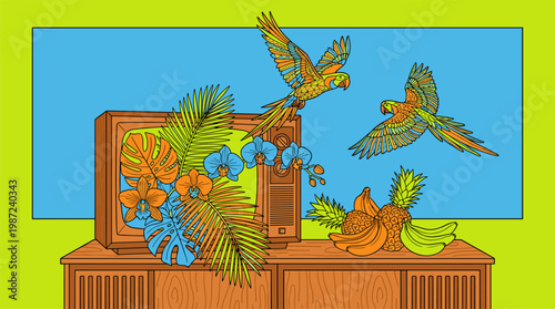 Vintage Television With Tropical Jungle And Macaws Pop Surrealism Flat Illustration With Bold Outlines