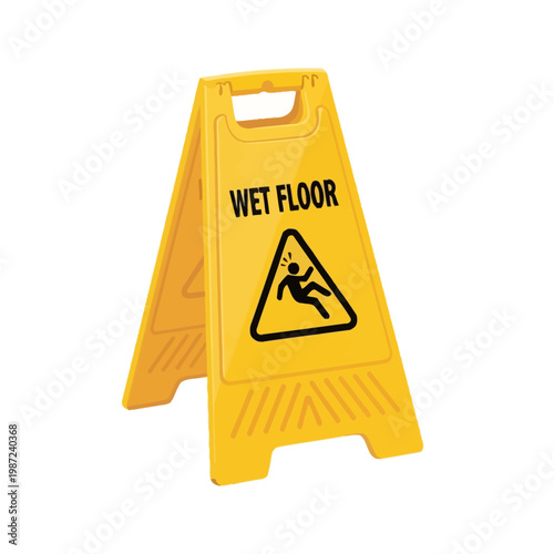 Bright yellow wet floor warning sign on a clean surface to prevent slipping accidents
