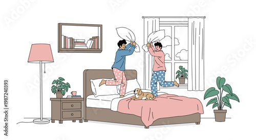 Two young boys in pajamas having a playful pillow fight while jumping on a bed in a cozy bedroom with their pet dog watching.
