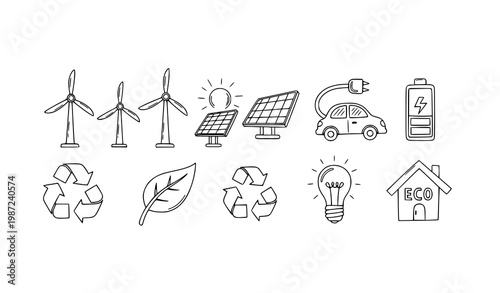 Renewable energy doodle icons with sustainable technology symbols in hand drawn outline style vector