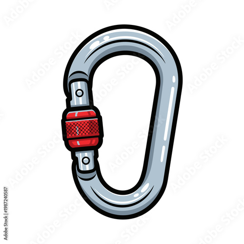 A close-up view of a carabiner with a red locking gate mechanism for climbing and safety purposes