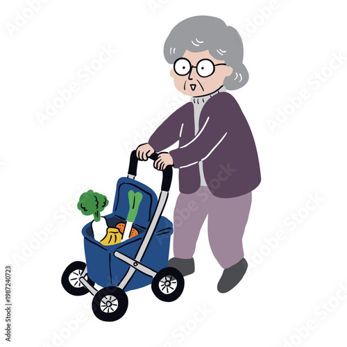 おばあさんがショッピングカートを押して買い物に出かける2