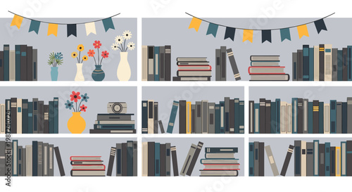Neatly organized bookshelves containing many books in different colors along with vases of flowers and a vintage camera.