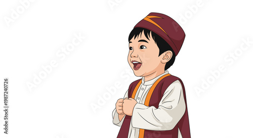 Excited young boy wearing traditional clothing with a burgundy vest and matching hat looking up with a happy expression.