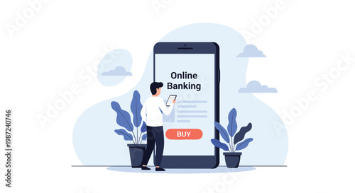 Man standing in front of a giant smartphone using it for online banking and making a purchase with a buy button displayed.