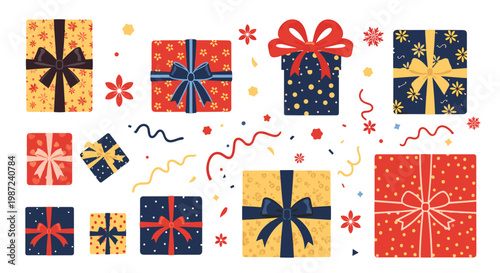 Collection of various wrapped gift boxes with colorful ribbons and patterns surrounded by confetti and holiday decorations.